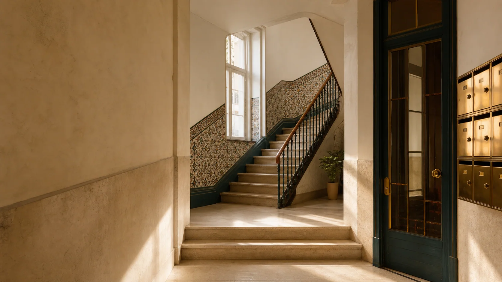 Entrada e escadaria comum de um edifício residencial português, com azulejos e luz natural